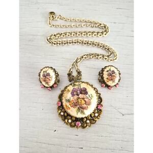 Vintage West Germany Pink Floral Necklace and Earring Set